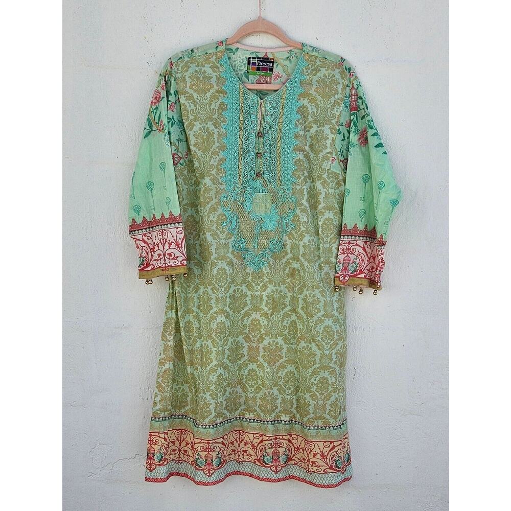 Pareesa Printed‎ Kurti Dress Large Blue Cotton Embroidered Birdcage Pakistani